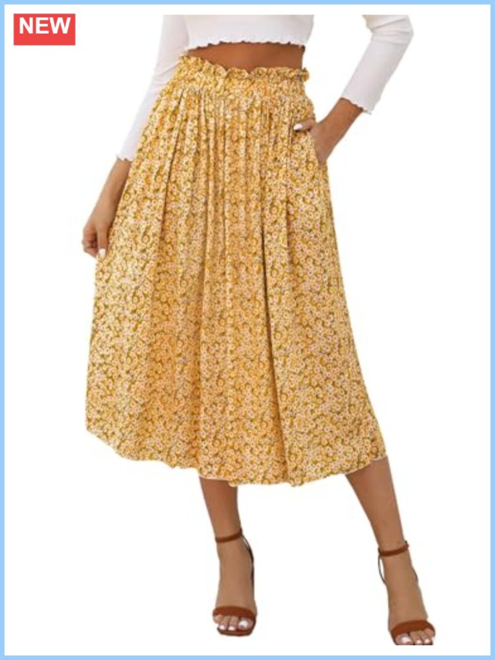 Pleated A-Line Midi Skirt High Waisted Flowy Casual with Pockets